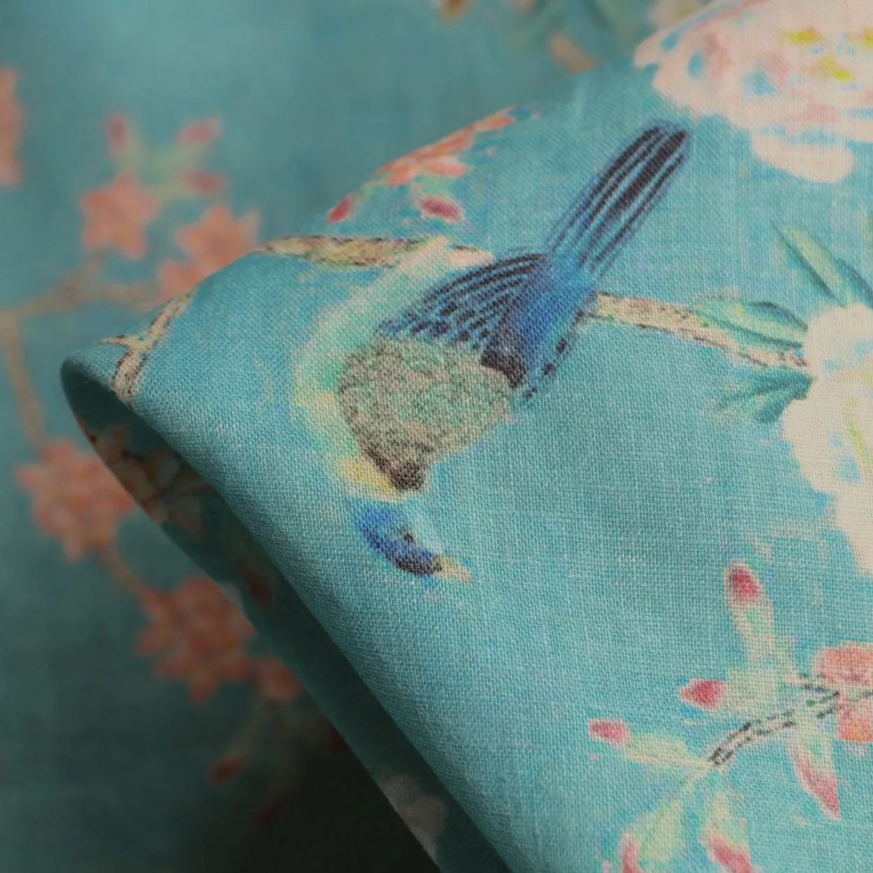 Blossom Bird Washed Printed Linen