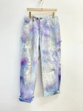 Blue, Pink & Purple Painters Pants w/ Mustard & Yellow Embroidered Star Constellation & Cracker Jack Charms (Reworked)