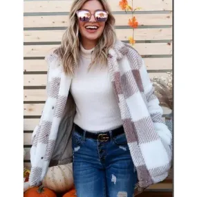 Brown Plaid Sherpa Snap Front Pocket Shacket