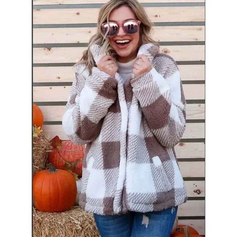 Brown Plaid Sherpa Snap Front Pocket Shacket