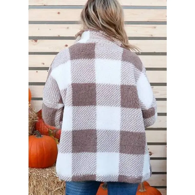 Brown Plaid Sherpa Snap Front Pocket Shacket
