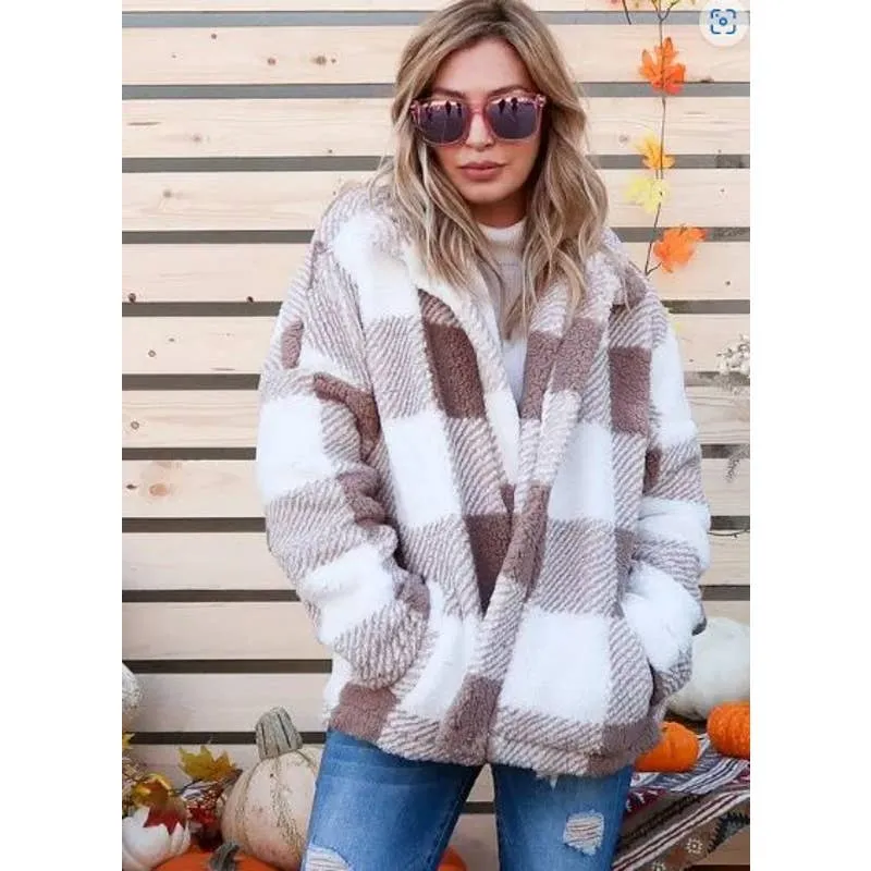 Brown Plaid Sherpa Snap Front Pocket Shacket