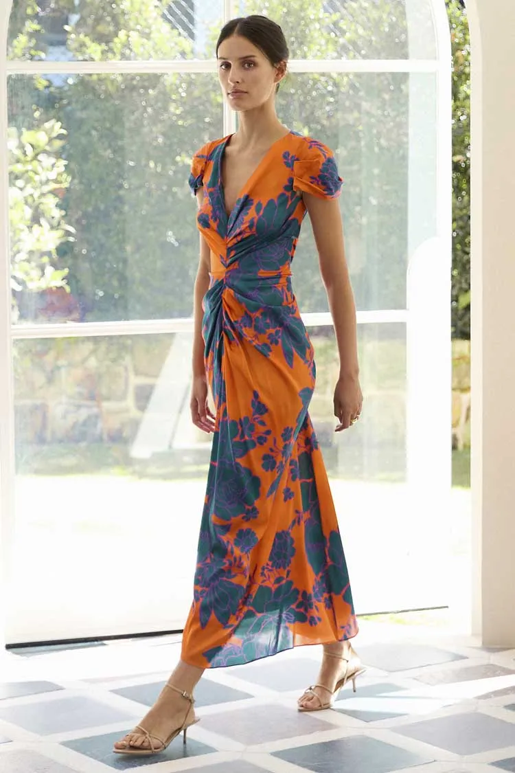 Calista Midi Dress in Tangerine Teal