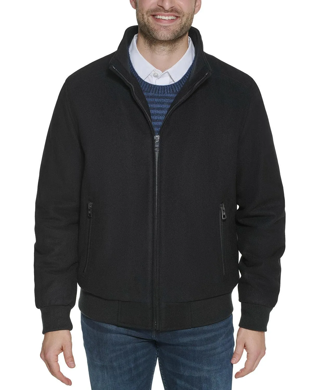 Calvin Klein Men's Wool Bomber Jacket Coat Knit Trim Black Large