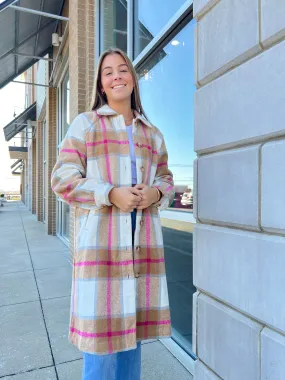 Camel/Pink Knee Length Plaid Shacket