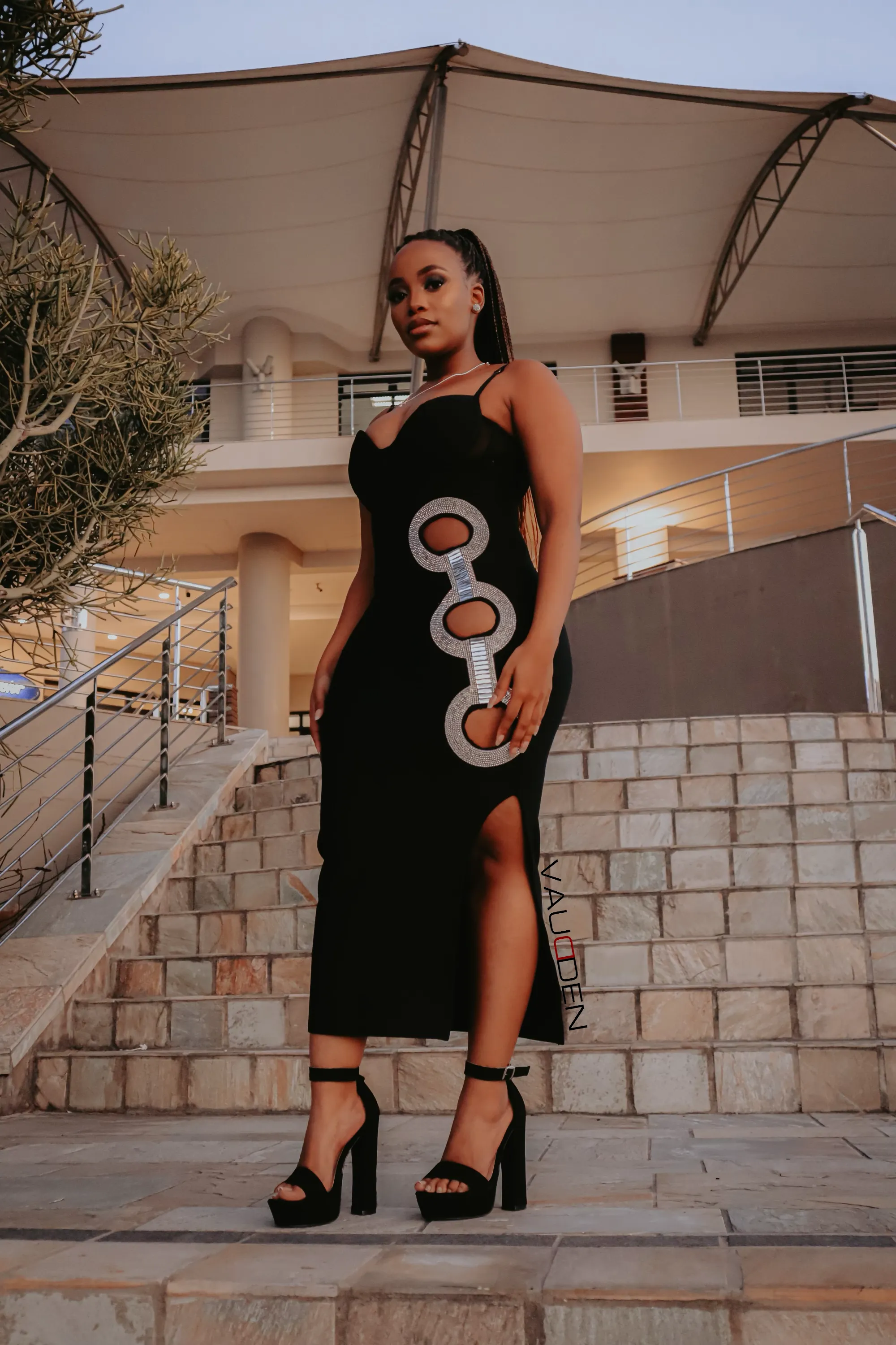 CELESTE Side Slit Bandage Pencil Dress With Side Embellishments