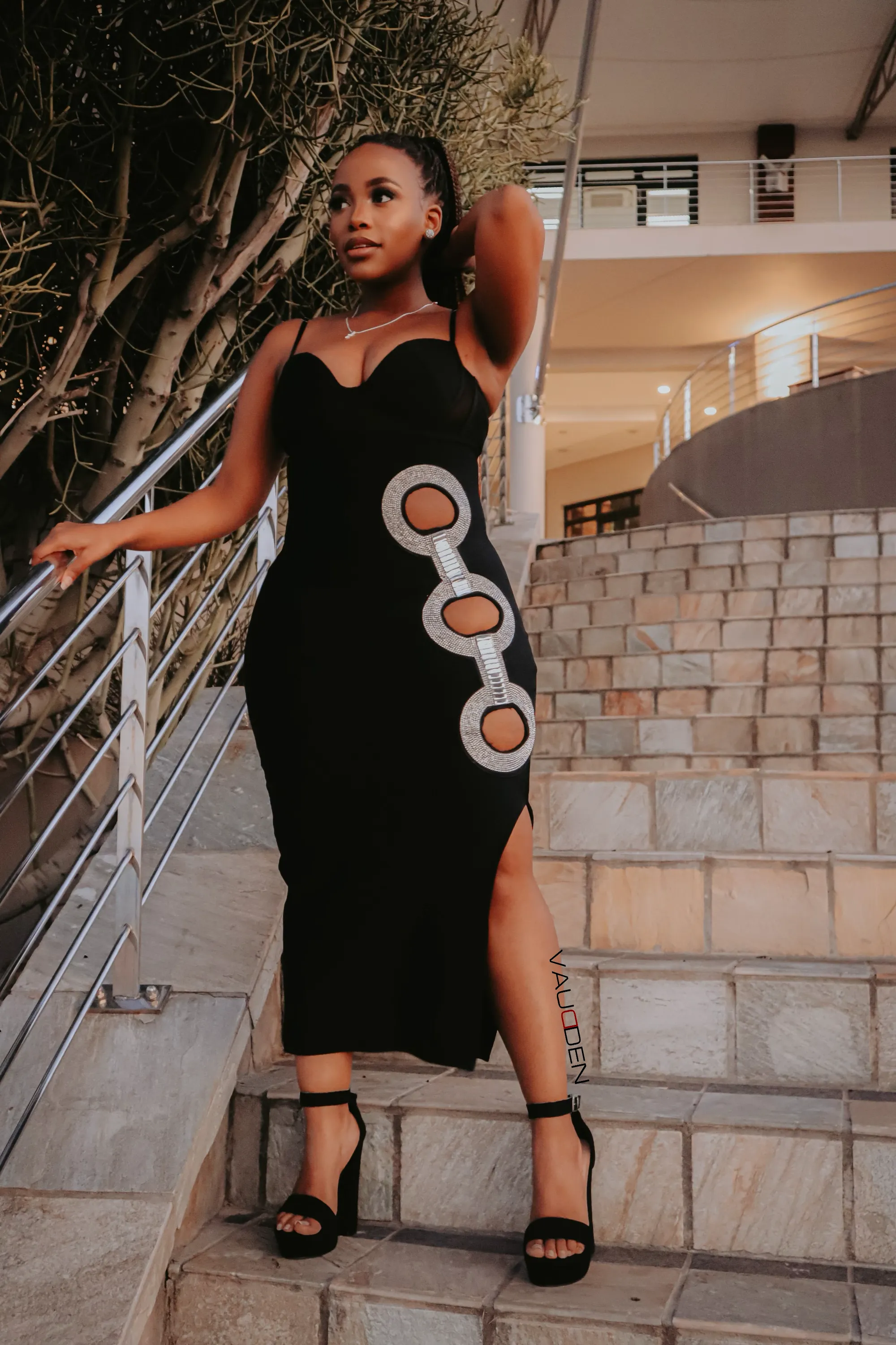 CELESTE Side Slit Bandage Pencil Dress With Side Embellishments