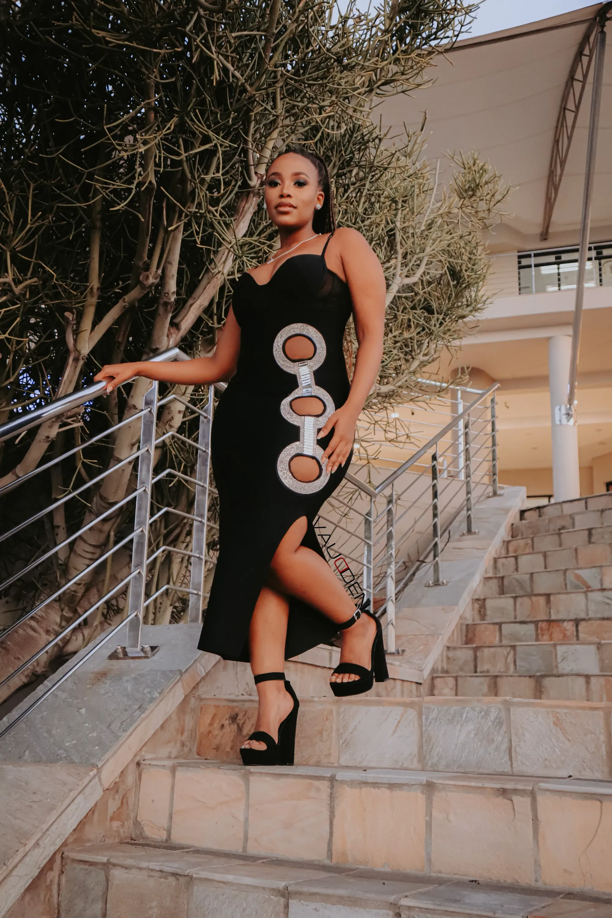CELESTE Side Slit Bandage Pencil Dress With Side Embellishments