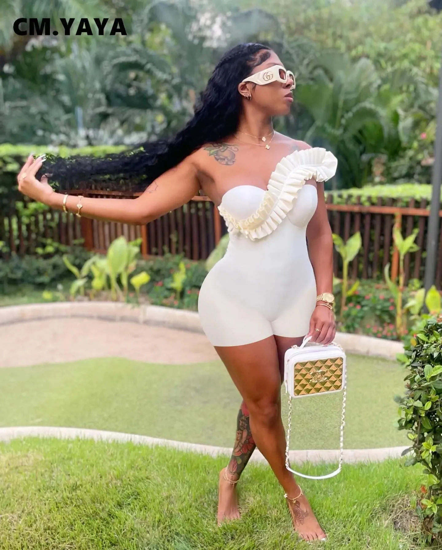 Chic One-Shoulder White Ruffled Bodycon Romper with Sweetheart Neckline for Women