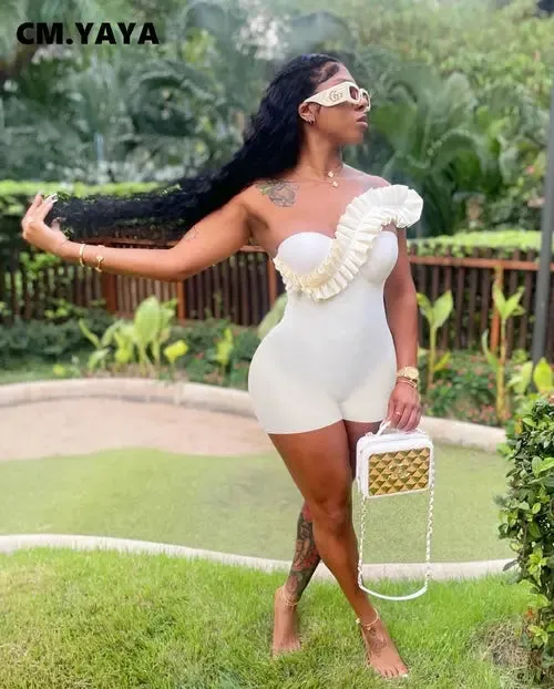 Chic One-Shoulder White Ruffled Bodycon Romper with Sweetheart Neckline for Women