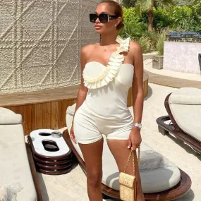 Chic One-Shoulder White Ruffled Bodycon Romper with Sweetheart Neckline for Women