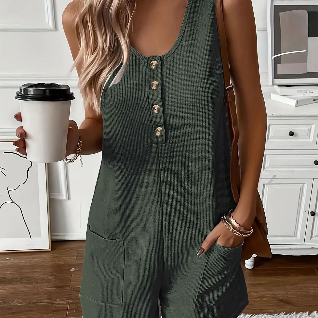 Chic Womens Sleeveless ButtonFront Romper with Pockets