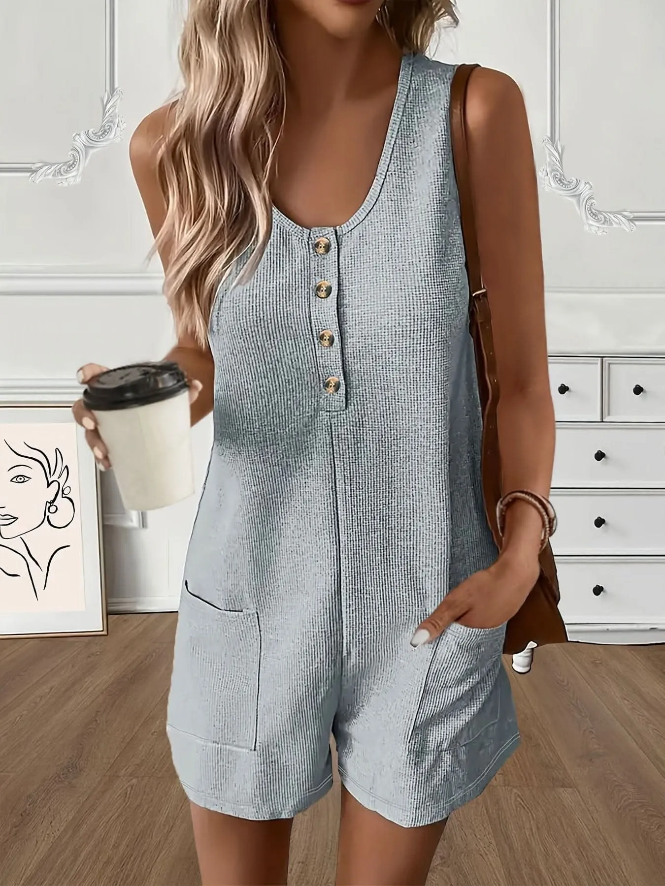 Chic Womens Sleeveless ButtonFront Romper with Pockets