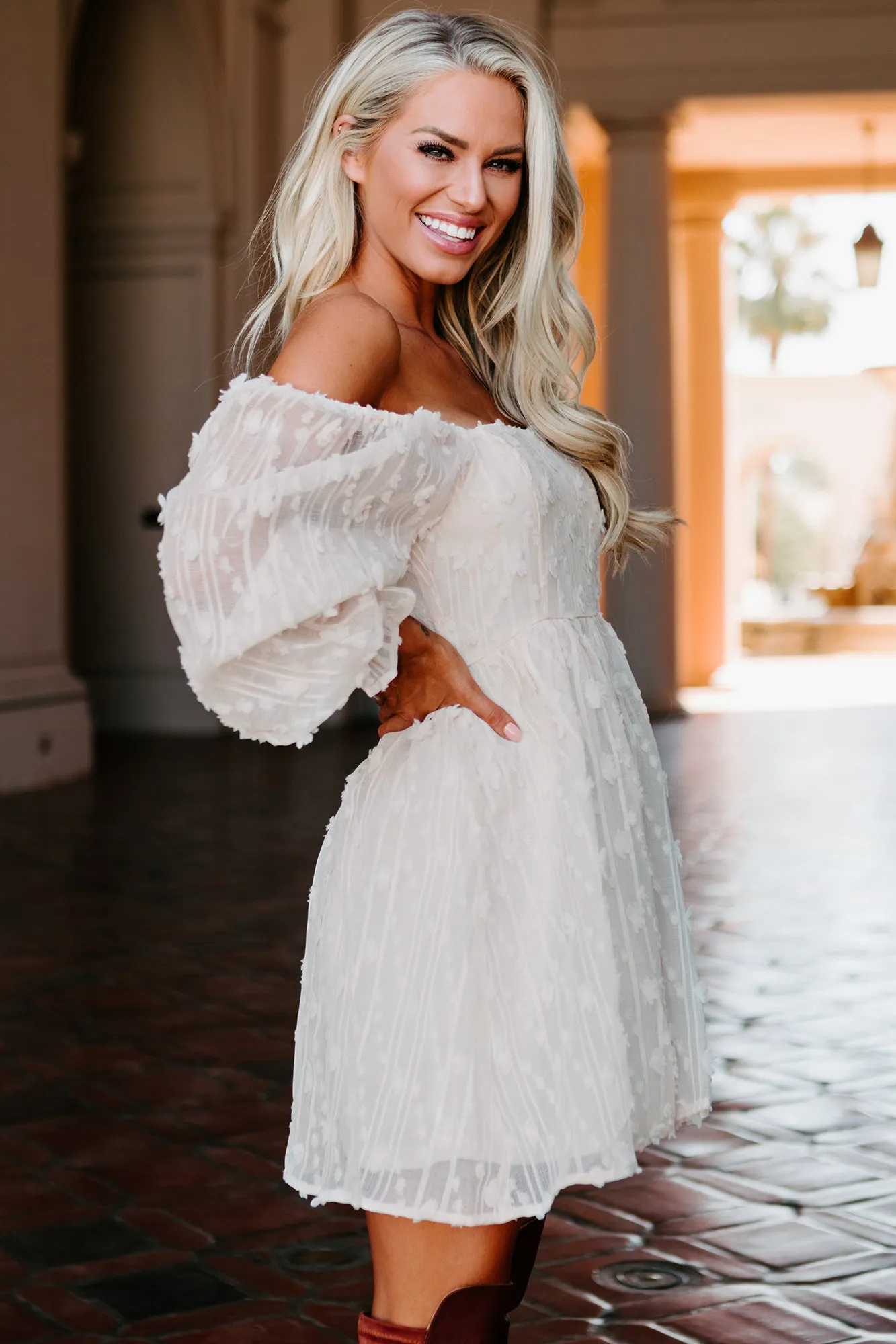 Clementine Embroidered Mesh Babydoll Dress (Ivory)