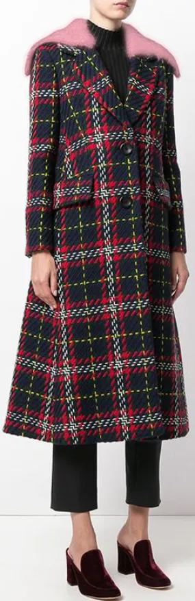 Contrast Fur-Trim Plaid Coat