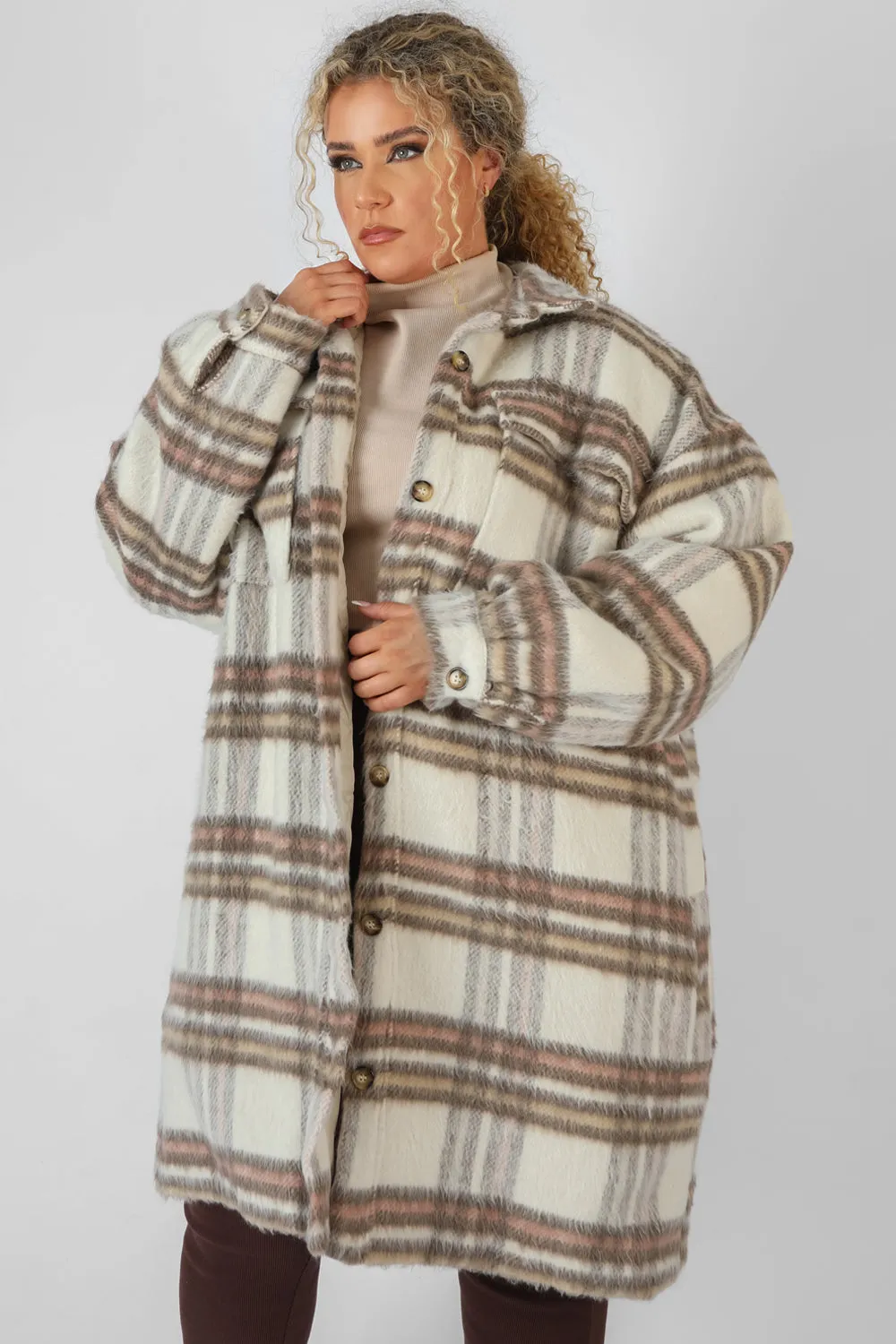 Curve Longline Soft Touch Check Shacket Ecru