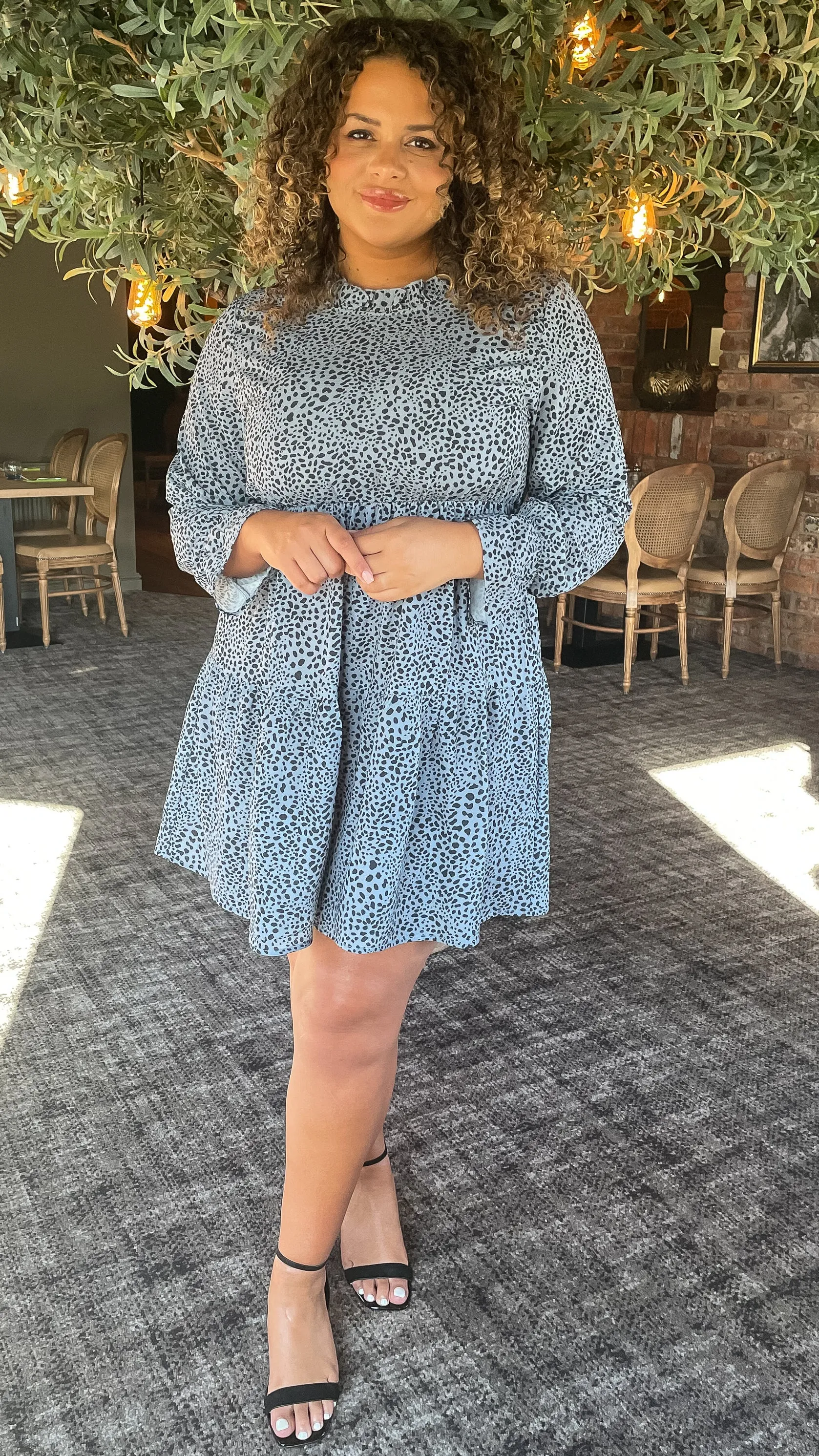 CurveWow Tiered Smock Dress Grey Animal Print