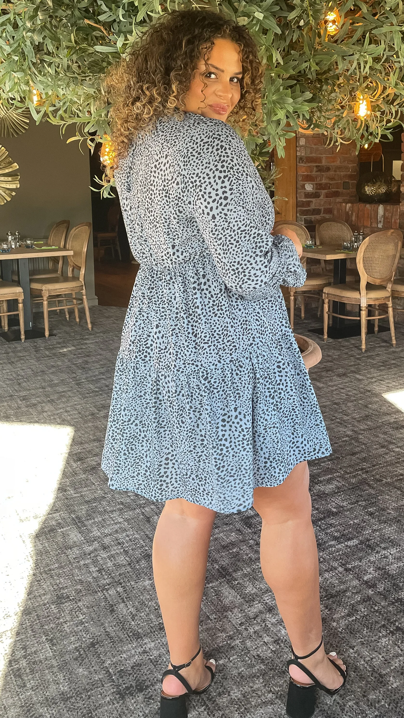 CurveWow Tiered Smock Dress Grey Animal Print