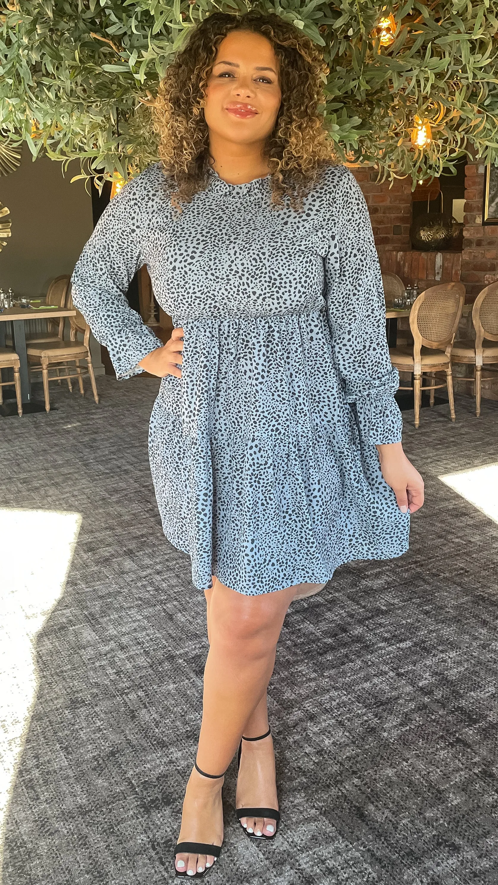 CurveWow Tiered Smock Dress Grey Animal Print
