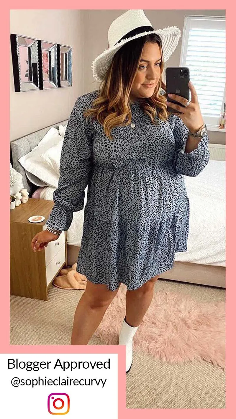 CurveWow Tiered Smock Dress Grey Animal Print