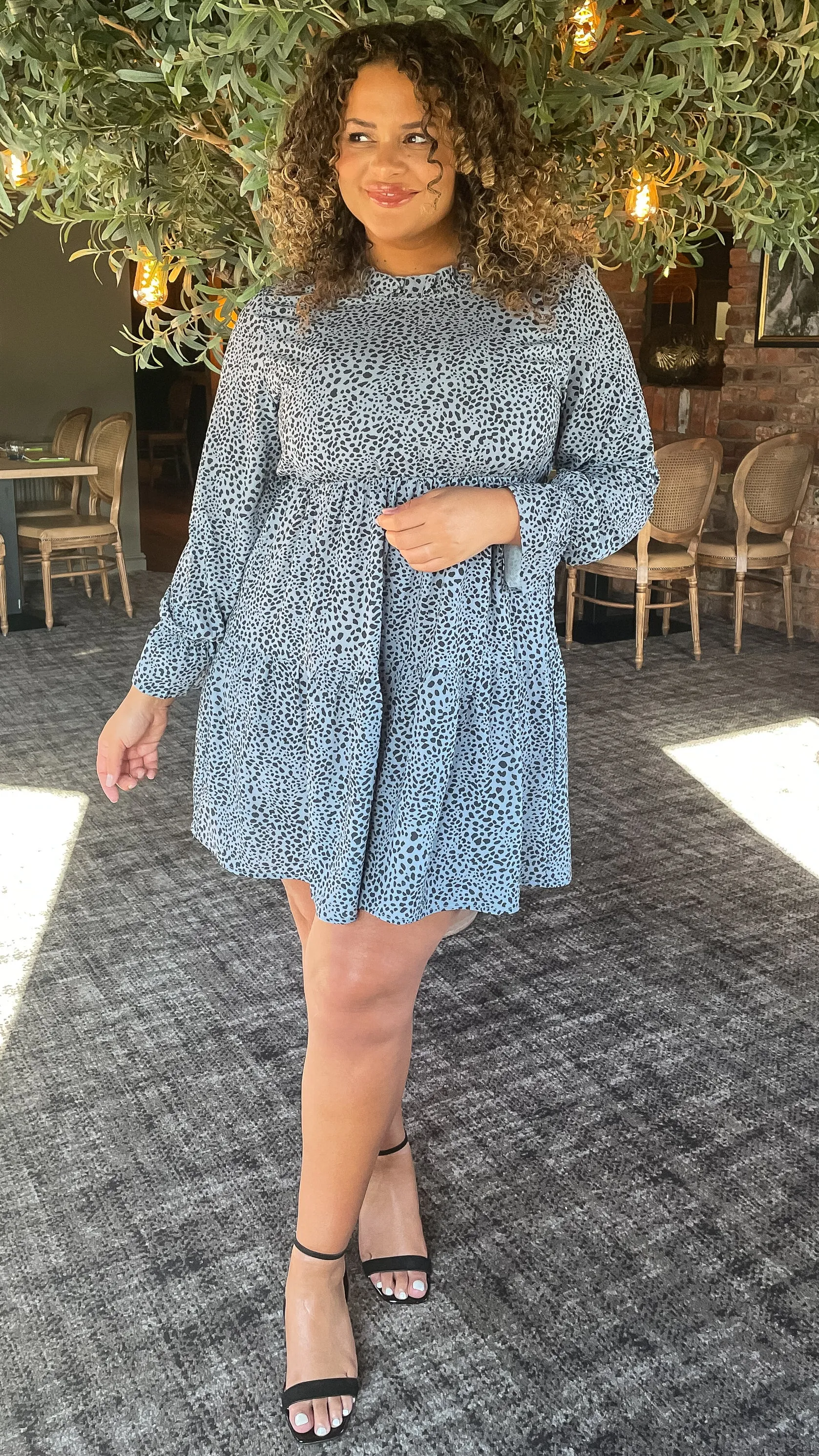 CurveWow Tiered Smock Dress Grey Animal Print