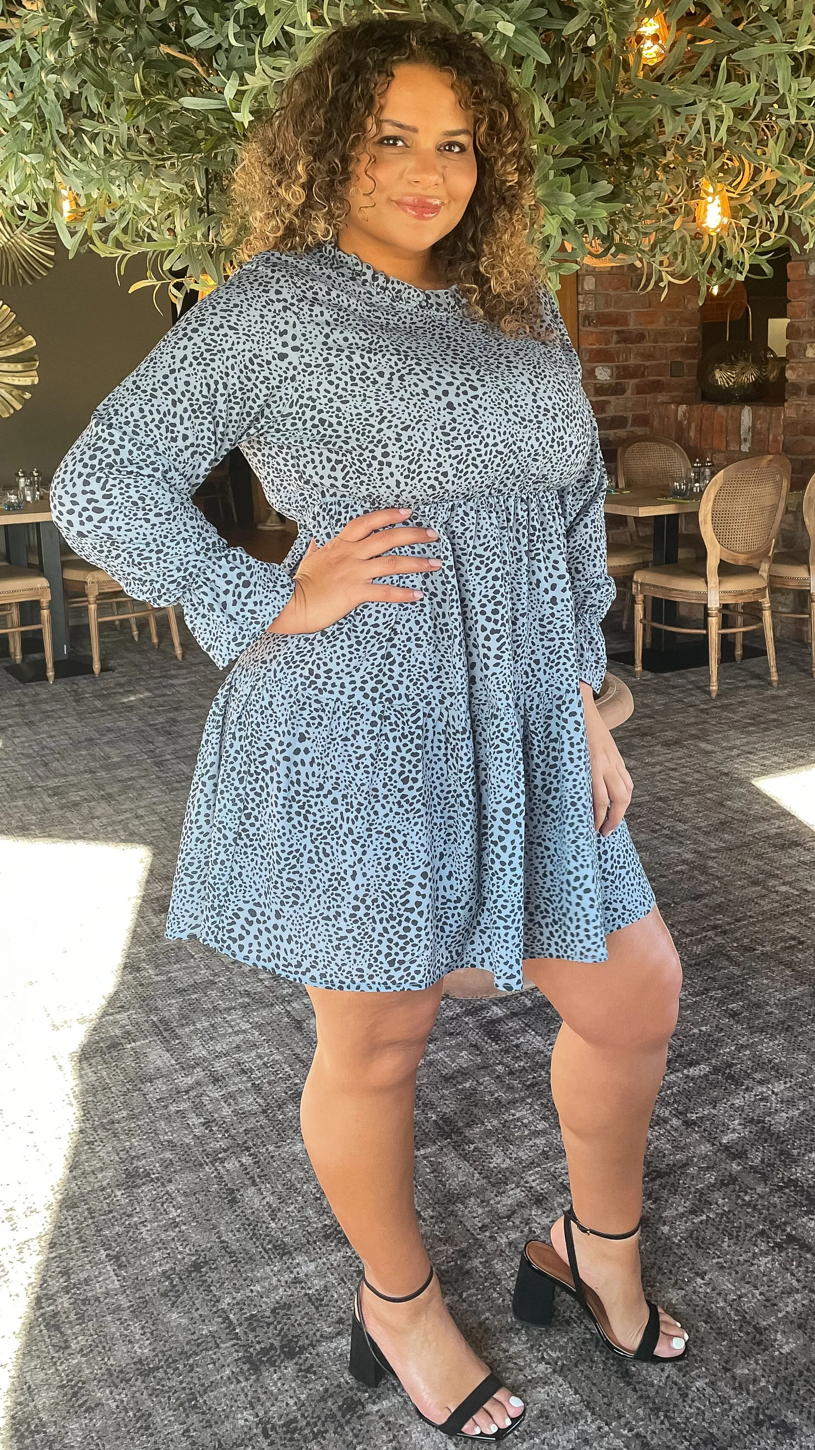CurveWow Tiered Smock Dress Grey Animal Print