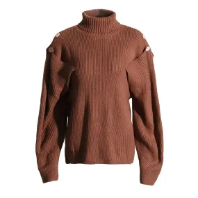 Cut Out Knitting Sweater For Women Turtleneck Lantern Sleeve Solid Minimalist Pullover Female Autumn Clothing Style