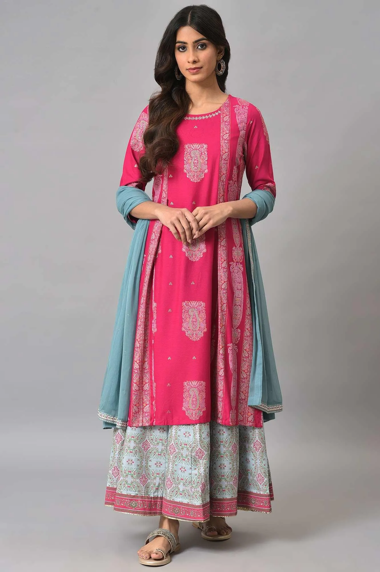 Dark Pink Mock Layered Beadwork kurta With Skirt And Chiffon Dupatta