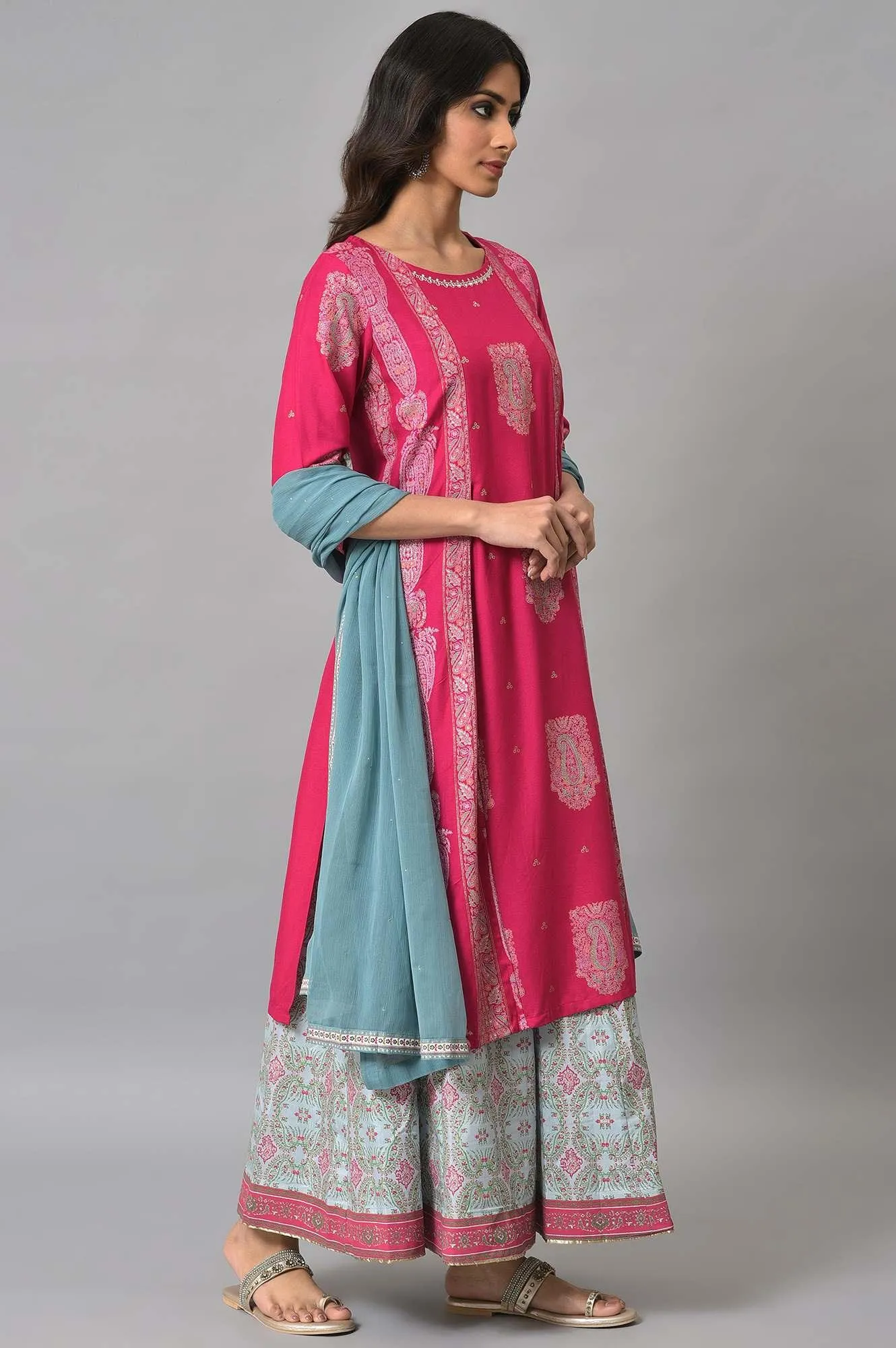 Dark Pink Mock Layered Beadwork kurta With Skirt And Chiffon Dupatta
