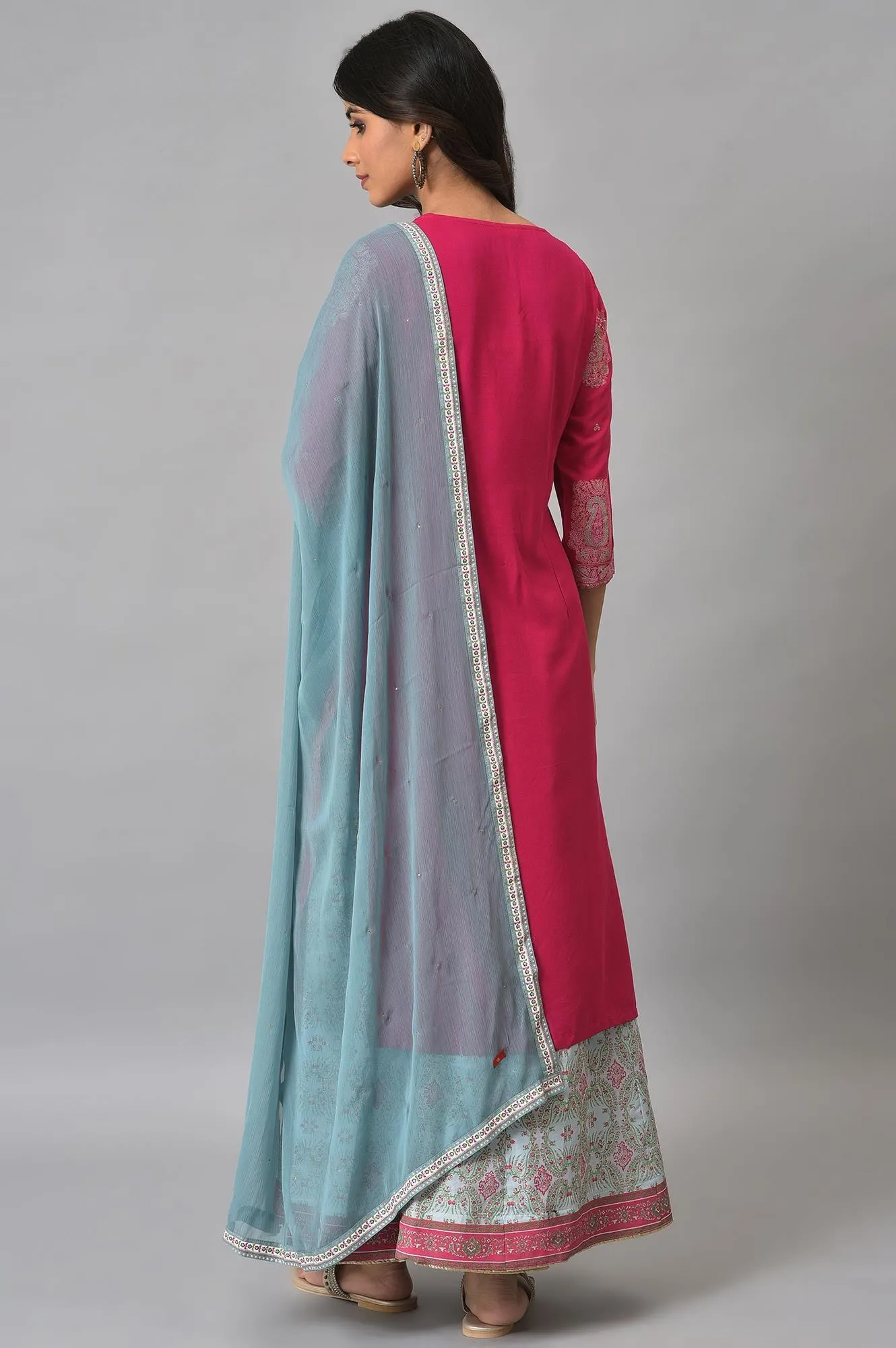 Dark Pink Mock Layered Beadwork kurta With Skirt And Chiffon Dupatta
