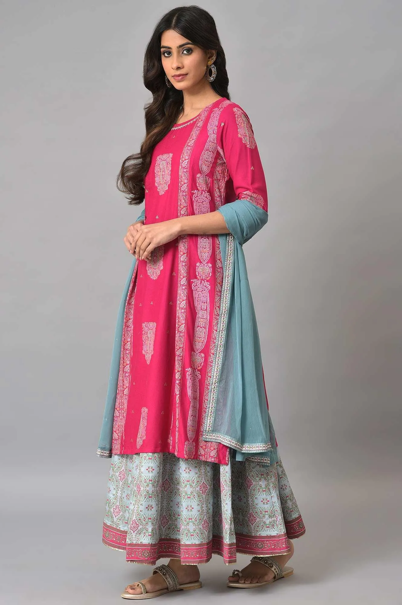 Dark Pink Mock Layered Beadwork kurta With Skirt And Chiffon Dupatta