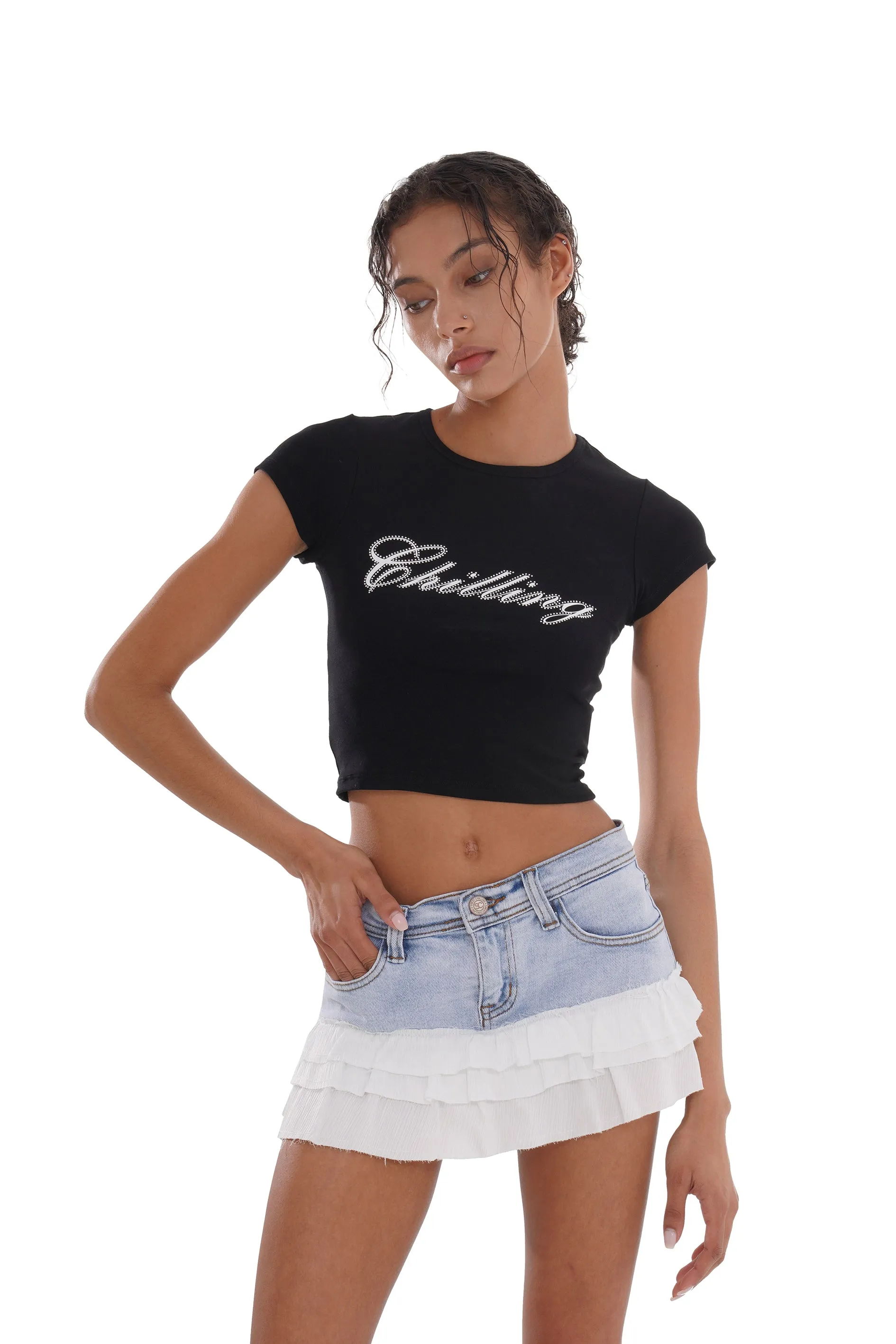 DENIM SKIRT WITH LAYERED HEM
