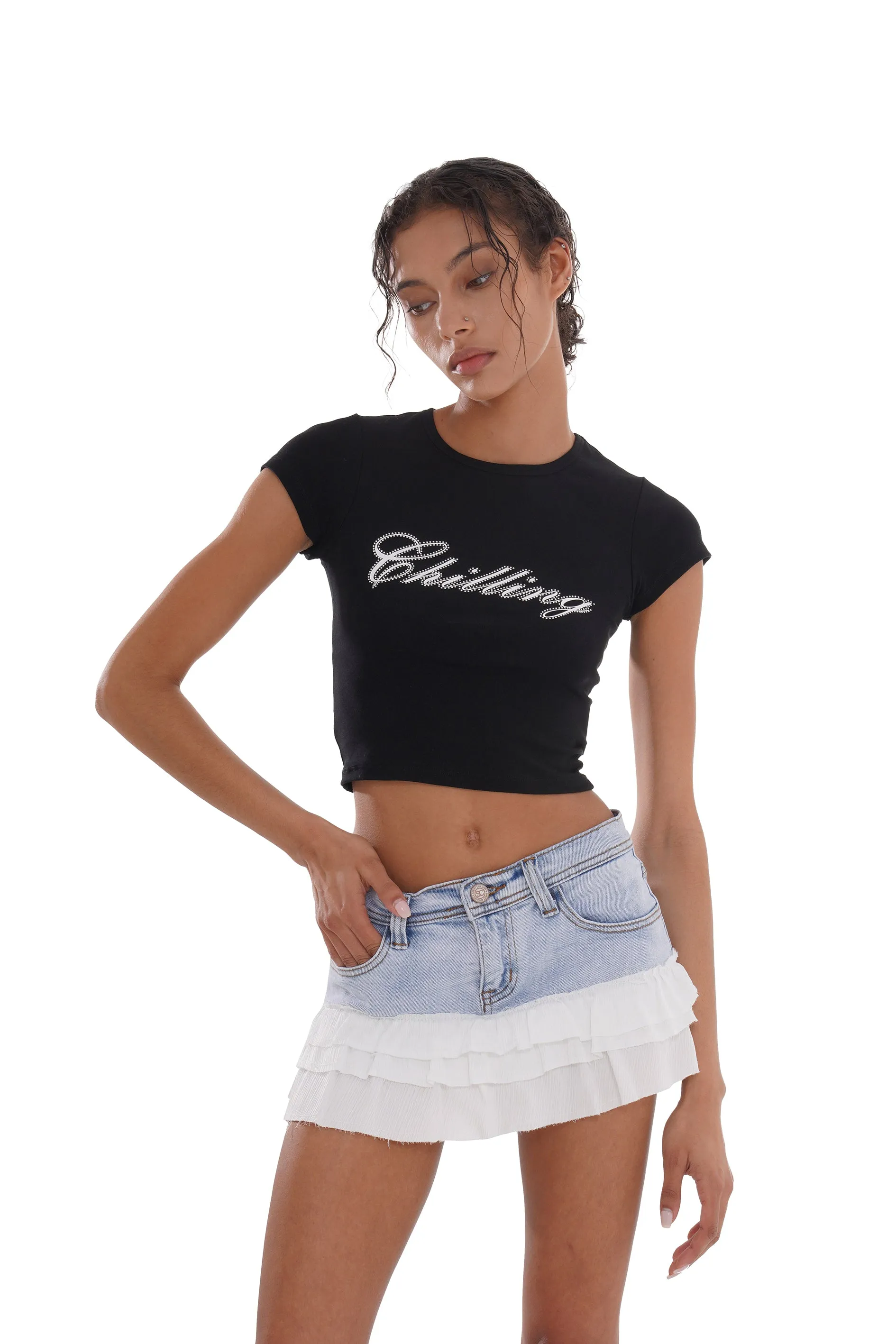 DENIM SKIRT WITH LAYERED HEM