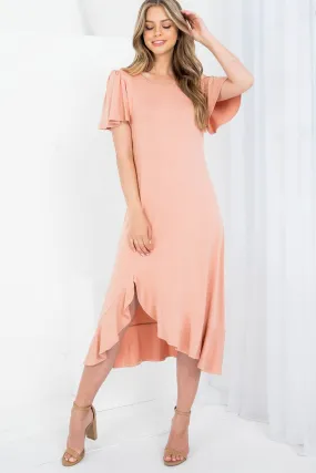 DESERT ROUND NECKLINE RUFFLE SLEEVE ASYMETRIC DRESS