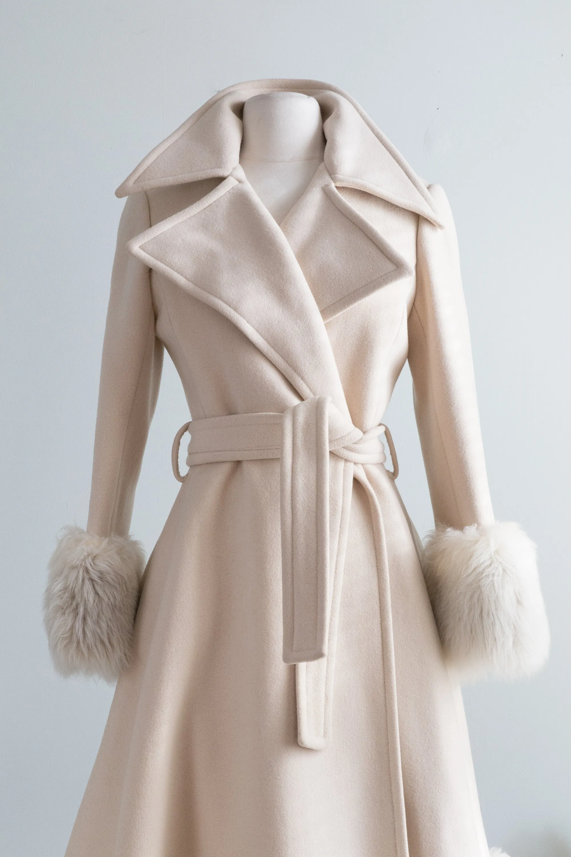 Early 1970s Glam Wool Princess Coat With Fur Trim / Small