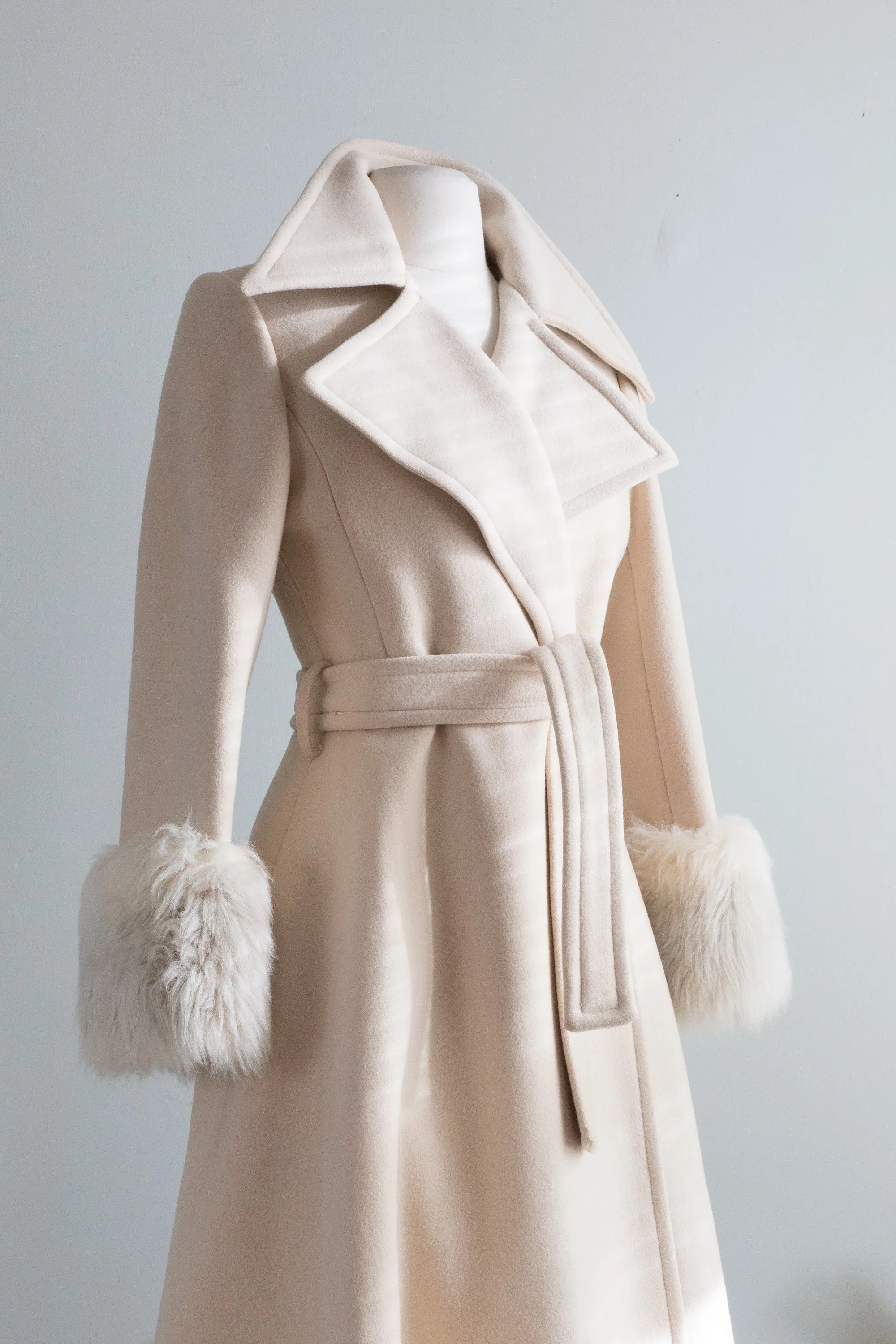 Early 1970s Glam Wool Princess Coat With Fur Trim / Small