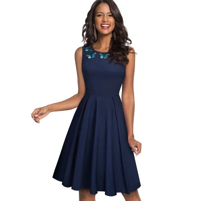 Elegant Embroidery Butterfly Sleeveless A-Line Business Party Women Flare Dress