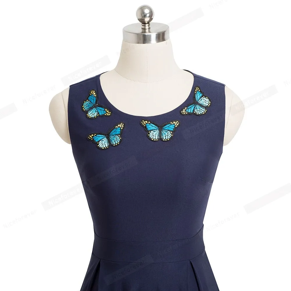 Elegant Embroidery Butterfly Sleeveless A-Line Business Party Women Flare Dress