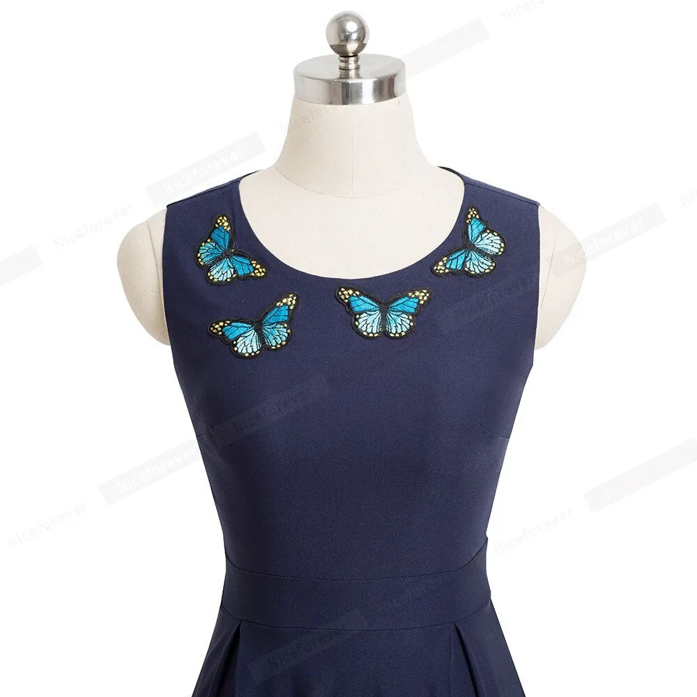 Elegant Embroidery Butterfly Sleeveless A-Line Business Party Women Flare Dress