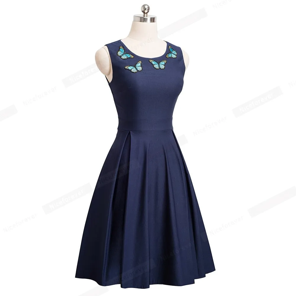 Elegant Embroidery Butterfly Sleeveless A-Line Business Party Women Flare Dress