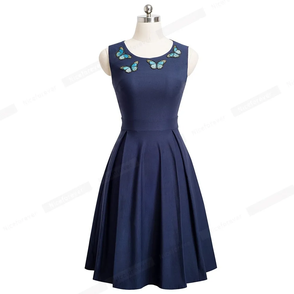 Elegant Embroidery Butterfly Sleeveless A-Line Business Party Women Flare Dress