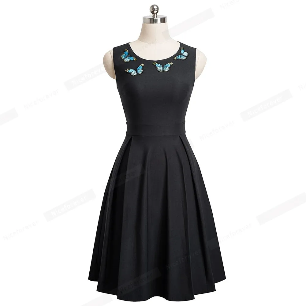 Elegant Embroidery Butterfly Sleeveless A-Line Business Party Women Flare Dress
