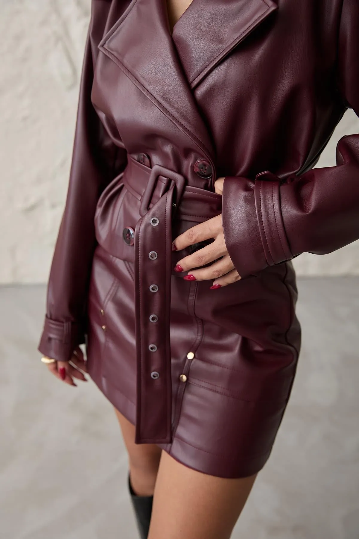 ELS Belted Mini Leather Skirt - Burgundy - Mülheim