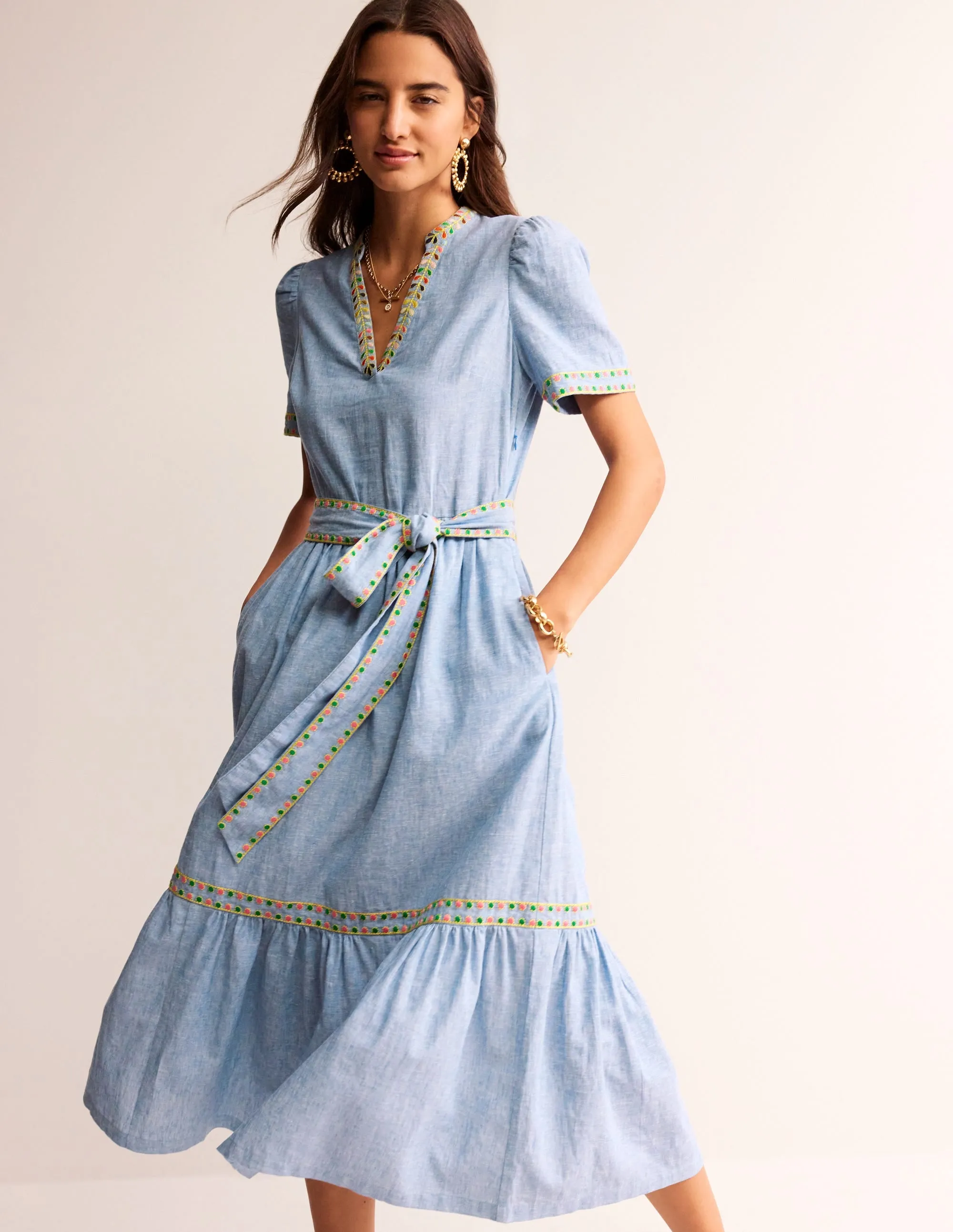 Embroidered Linen Blend Dress-Chambray