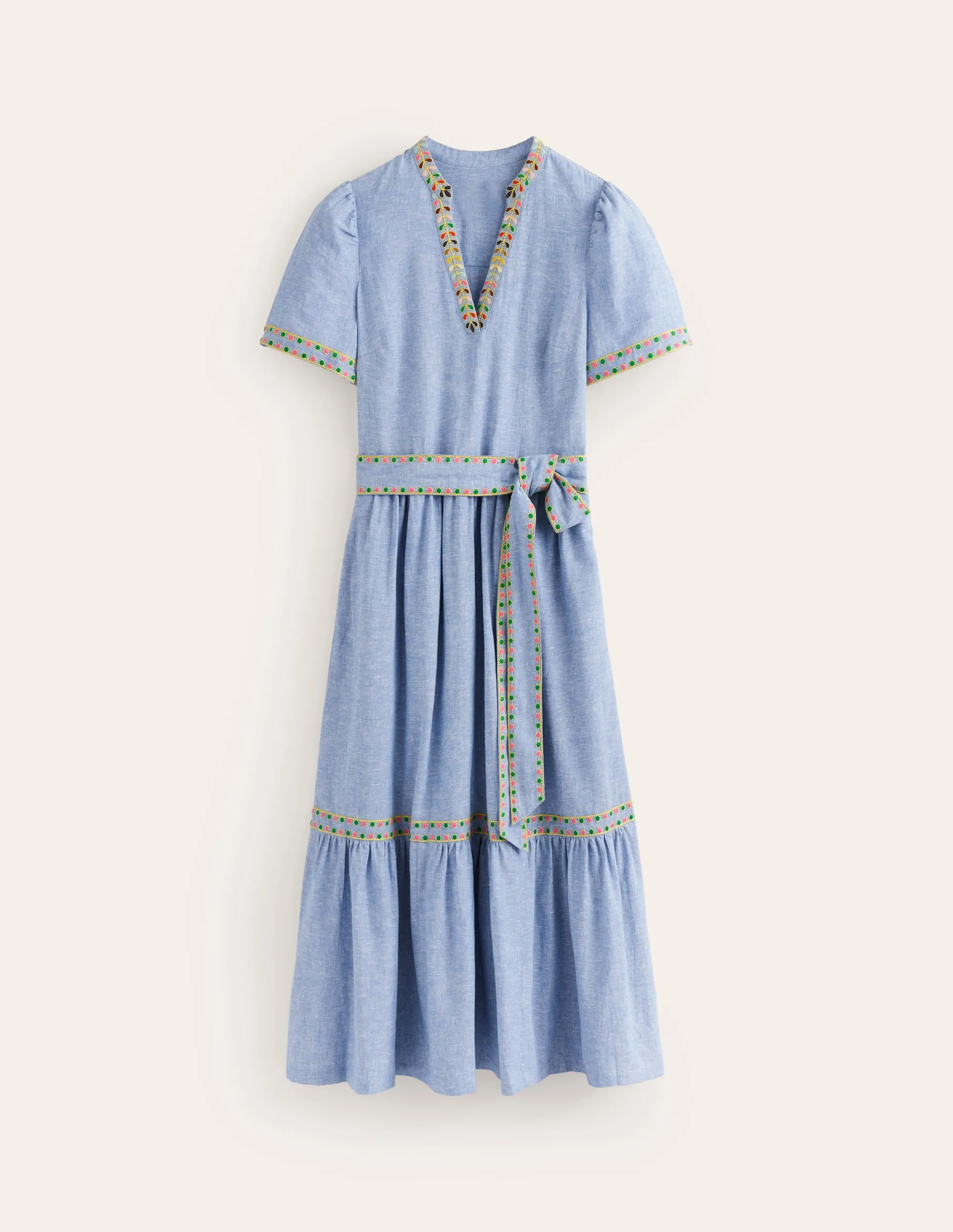 Embroidered Linen Blend Dress-Chambray