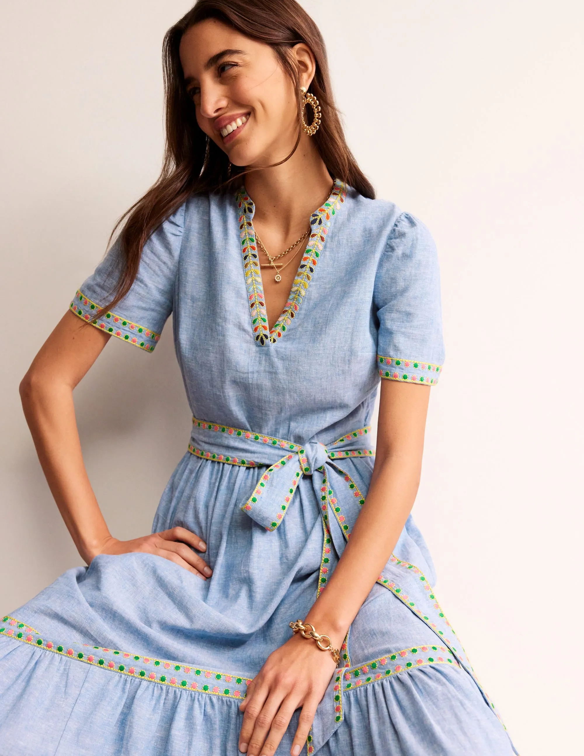 Embroidered Linen Blend Dress-Chambray