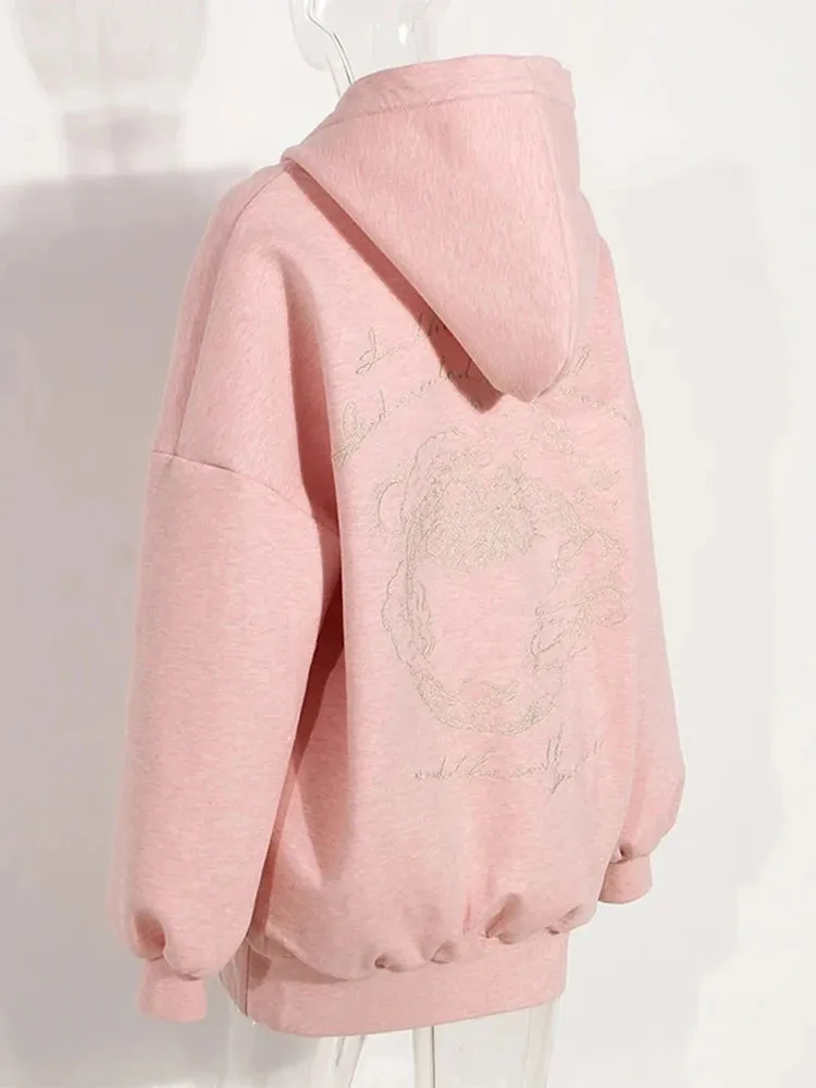 Embroidery Hollow Out Loose Sweatshirt For Women Hooded Long Sleeve Patchwork Diamonds Chic Sweatshirts Female New