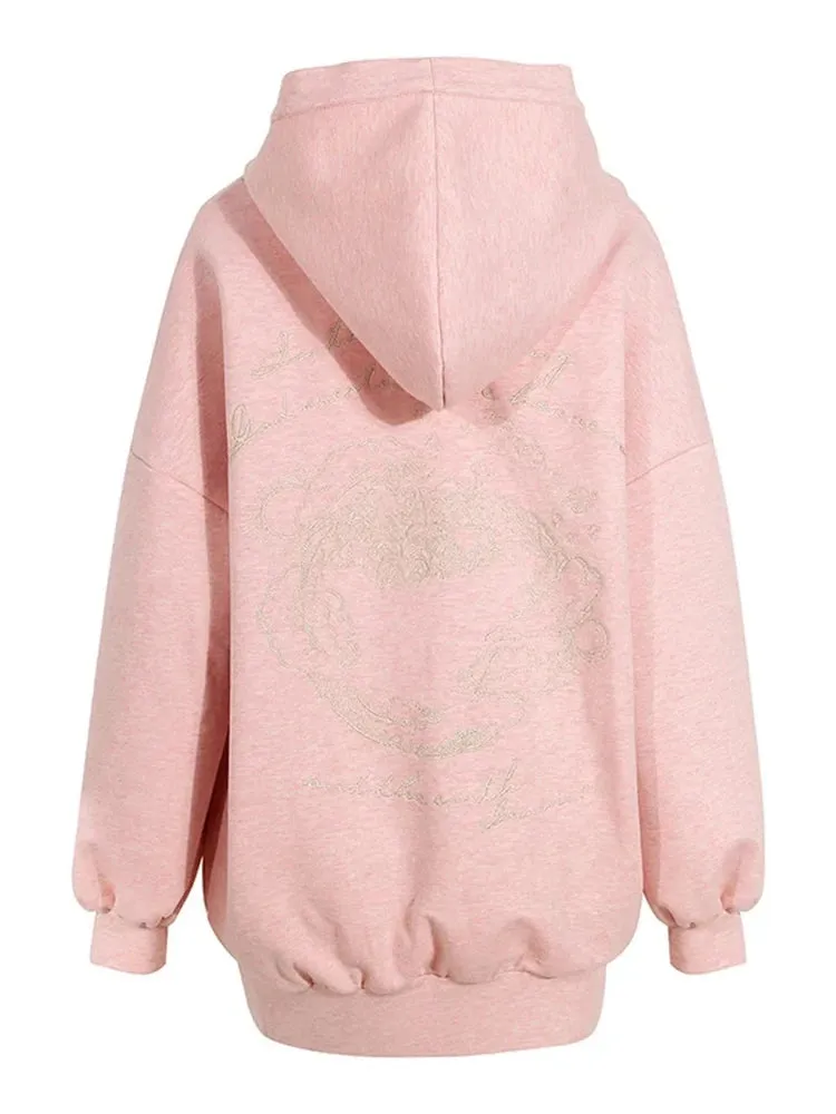 Embroidery Hollow Out Loose Sweatshirt For Women Hooded Long Sleeve Patchwork Diamonds Chic Sweatshirts Female New