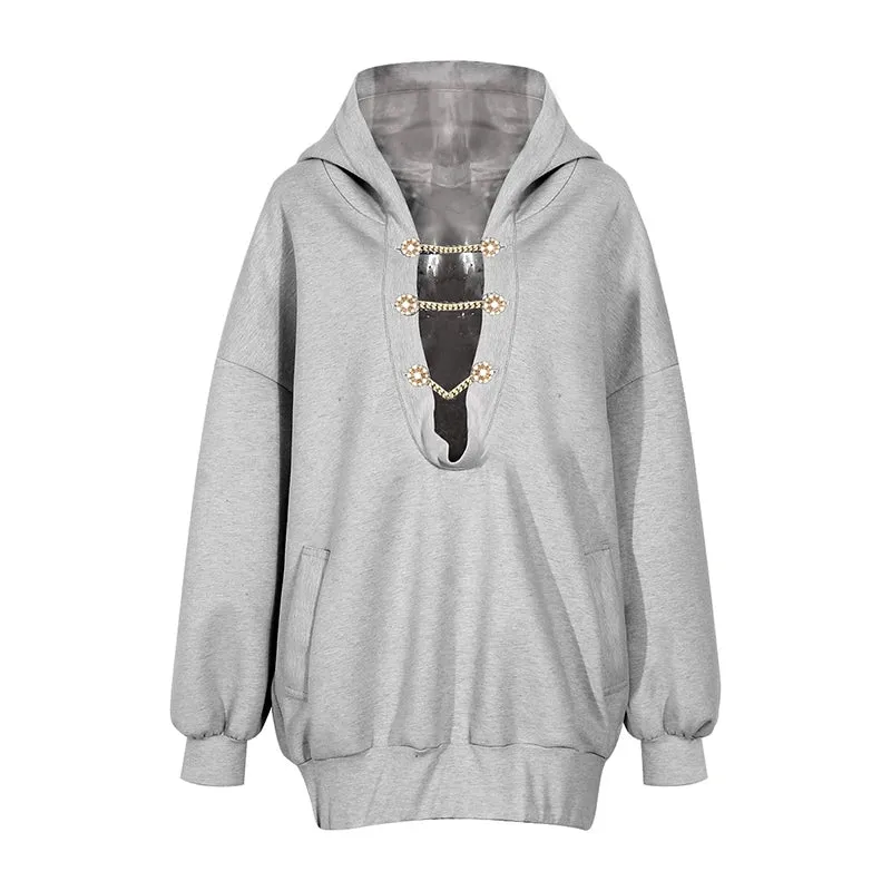Embroidery Hollow Out Loose Sweatshirt For Women Hooded Long Sleeve Patchwork Diamonds Chic Sweatshirts Female New