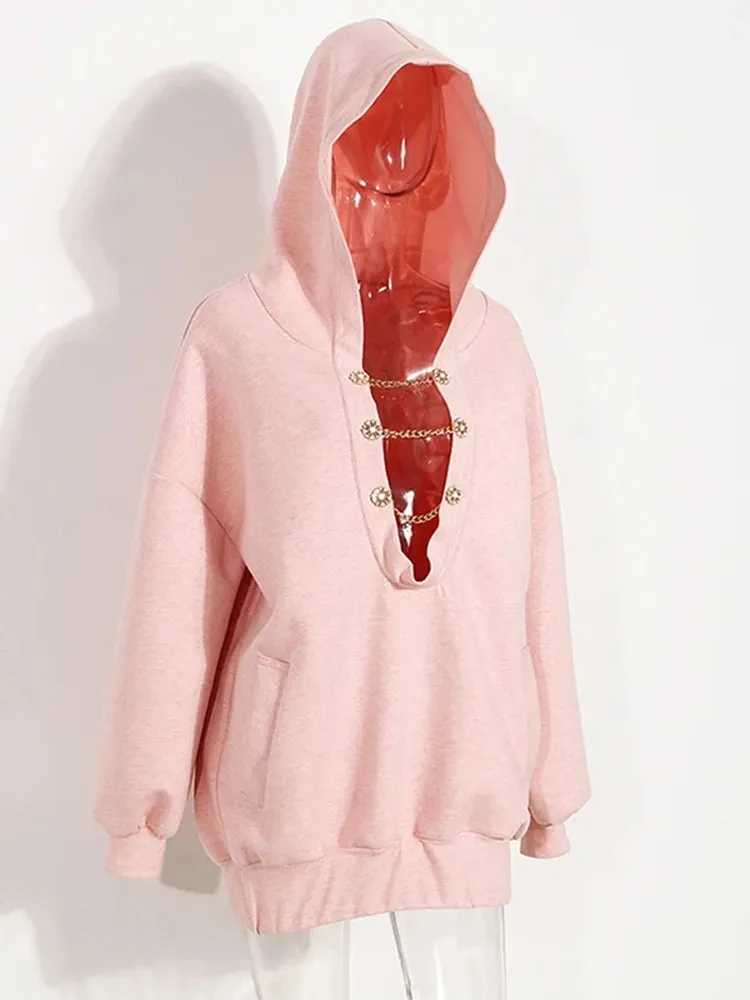 Embroidery Hollow Out Loose Sweatshirt For Women Hooded Long Sleeve Patchwork Diamonds Chic Sweatshirts Female New
